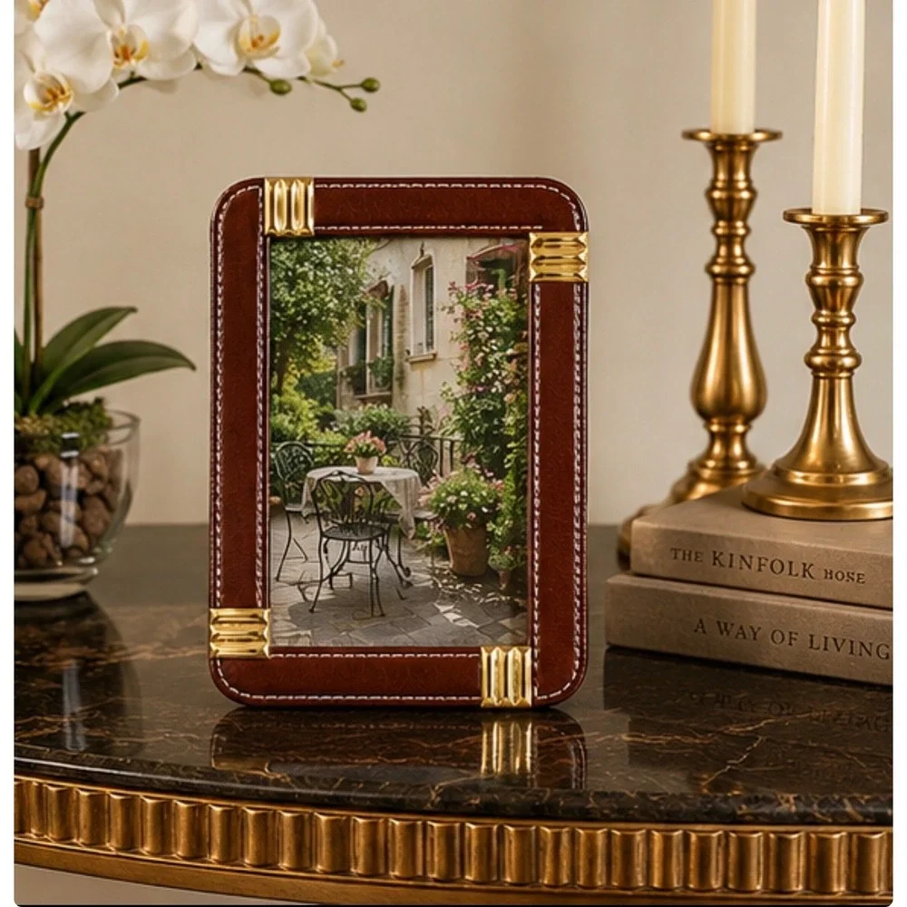 Vintage ELYSEES Brown Leather 4x6 Picture Frame Gold Tone Desk Hallmark NOS
